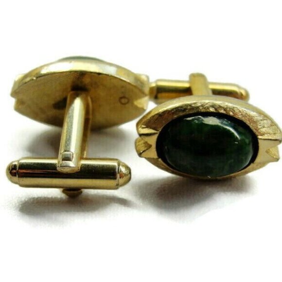 Shields Marbled Green & Gold-Tone Oval Cufflinks Tux Shirt Vintage Wedding - Picture 4 of 11